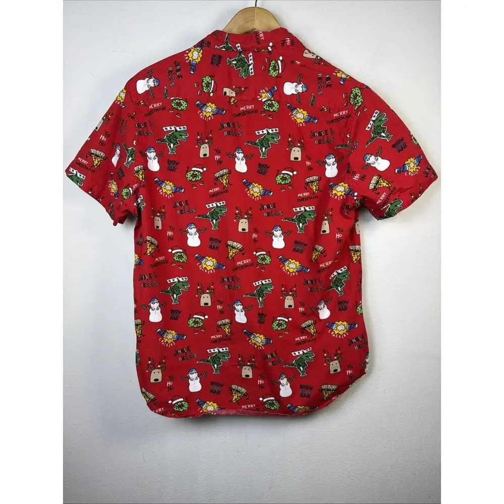 Denim & Flower boys Christmas Shirt large Red Holiday Print Button Up Cotton